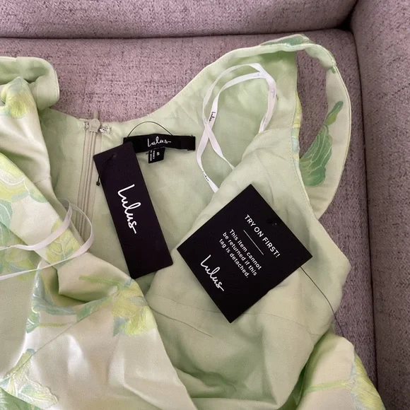 Lulus Brighter Side Light Green Floral Satin Jacquard Mini Dress NWT Small - Picture 9 of 12